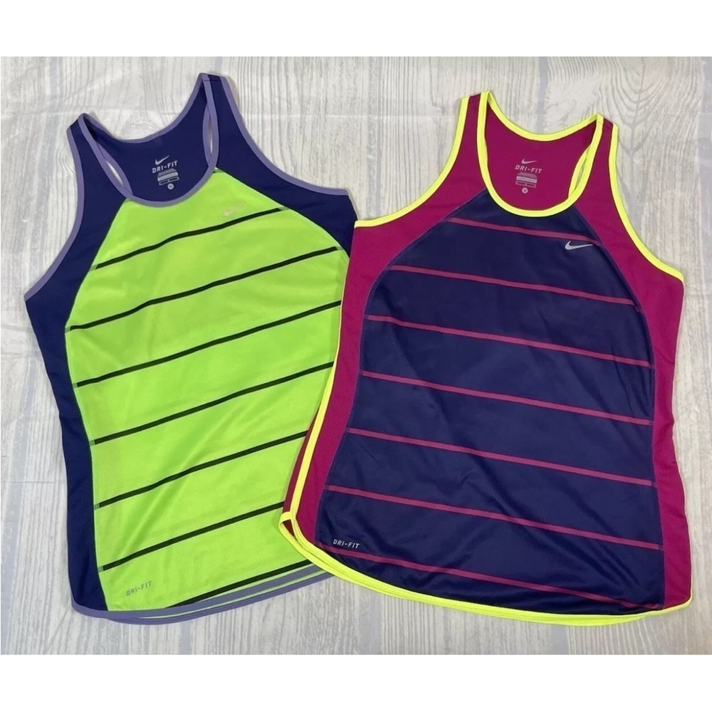 Nike Women’s Dri-Fit Striped Racerback Tank - Neon Green & Navy/Pink